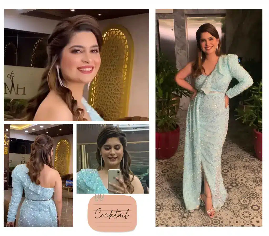 A collage of the outfit that Heena Ganotra wore for her cousin's cocktail party. This series is a part of the modern dresses she wore for her sister's marriage. 