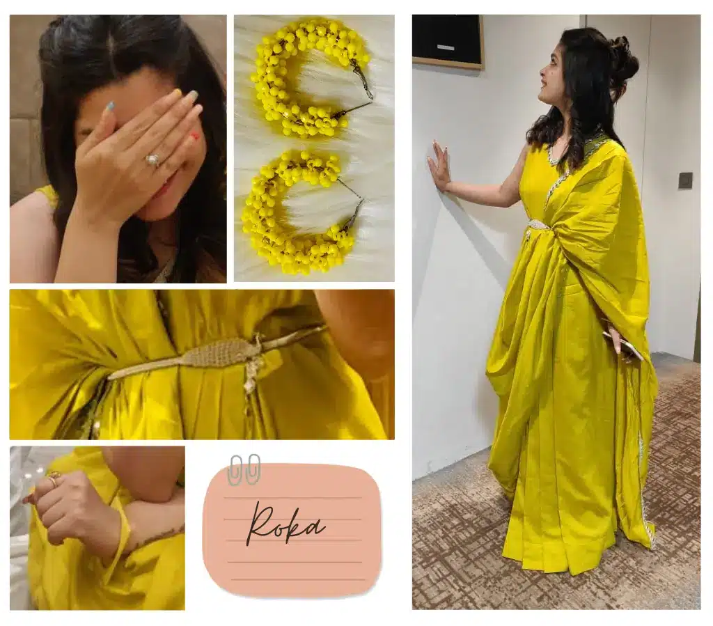 A collage of the dress and accessories worn by HeenaInTheWonderland in the Roka ceremony as part of modern dresses for sister's marriage.