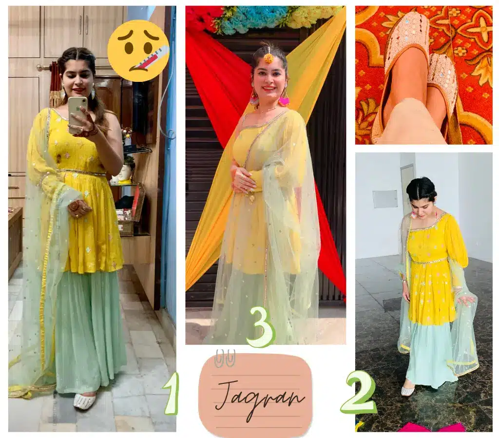 A girl wearing a yellow and green palazzo set for the jargon night as part of modern dresses for sister's marriage. 