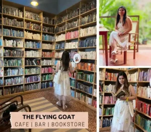 A girl named Heena Ganotra is standing before the library and exploring the restaurant in The Flying Goat Cafe.
