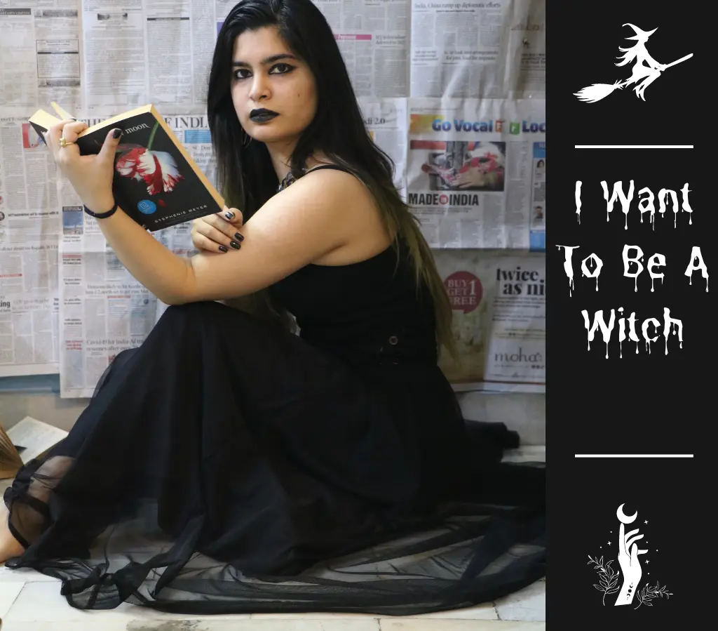 A girl named Heena is wearing a black dress with black lip colour with a black-coloured book. The picture has the title "I want to be a witch" as Heena had a written a story on the same.