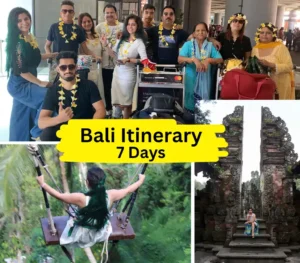 A collage of 3 Bali Images with Bali Itinerary 7 Days written on it.