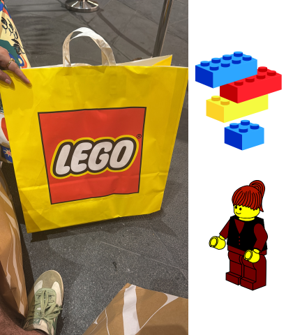 A Lego bag with a yellow and red logo.