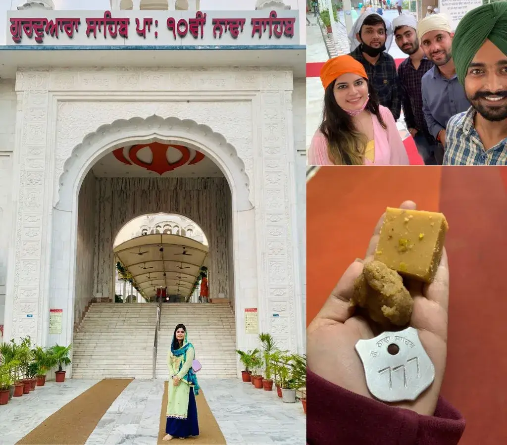 Collage showing Gurudwara Nada Sahib, a handful of karha prasad, and a moment full of blessings — symbolising faith, gratitude, and the strength to never give up.