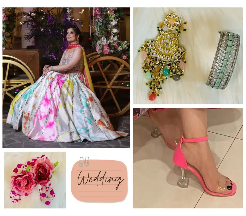 Collage of the lehenga and accessories Heena wore for her sister's wedding
