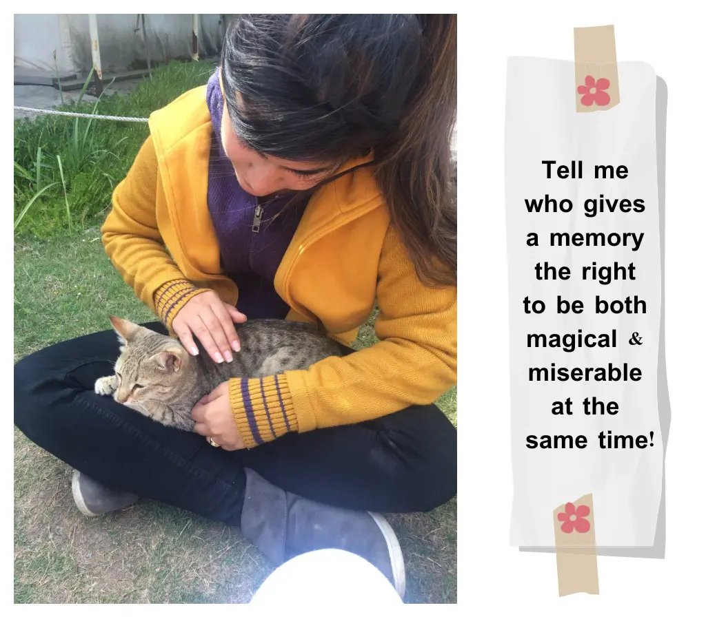 A girl with a cat in her lap with the text - "Tell me who gives a memory the right to be both magical and miserable at the same time!” written beside it. It's the featured image for the story titled "3 AM Thoughts"
