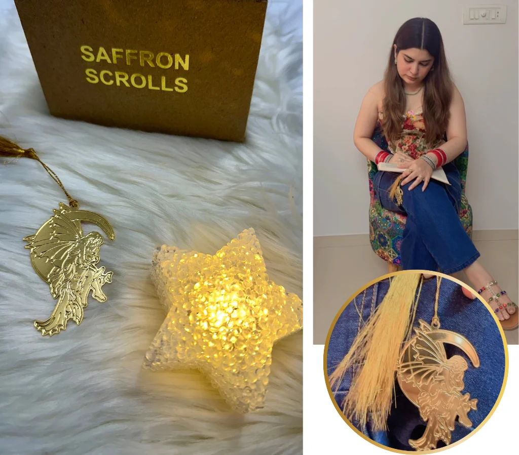 a fairy sitting on the moon meta bookmark by Saffron Scrolls